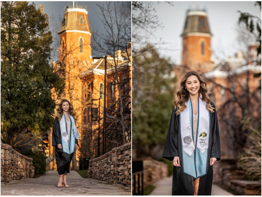 Graduation portraits with Old Main historic building in the backdrop on CU boulder campus