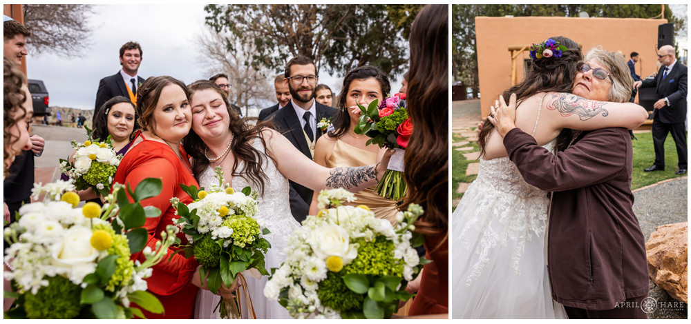 Bride embraces her loved ones after her wedding ceremony at Red Rocks