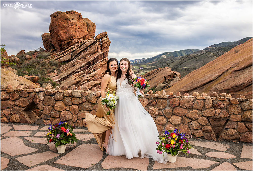 Bride and her best friend maid of honor at Red Rocks during spring