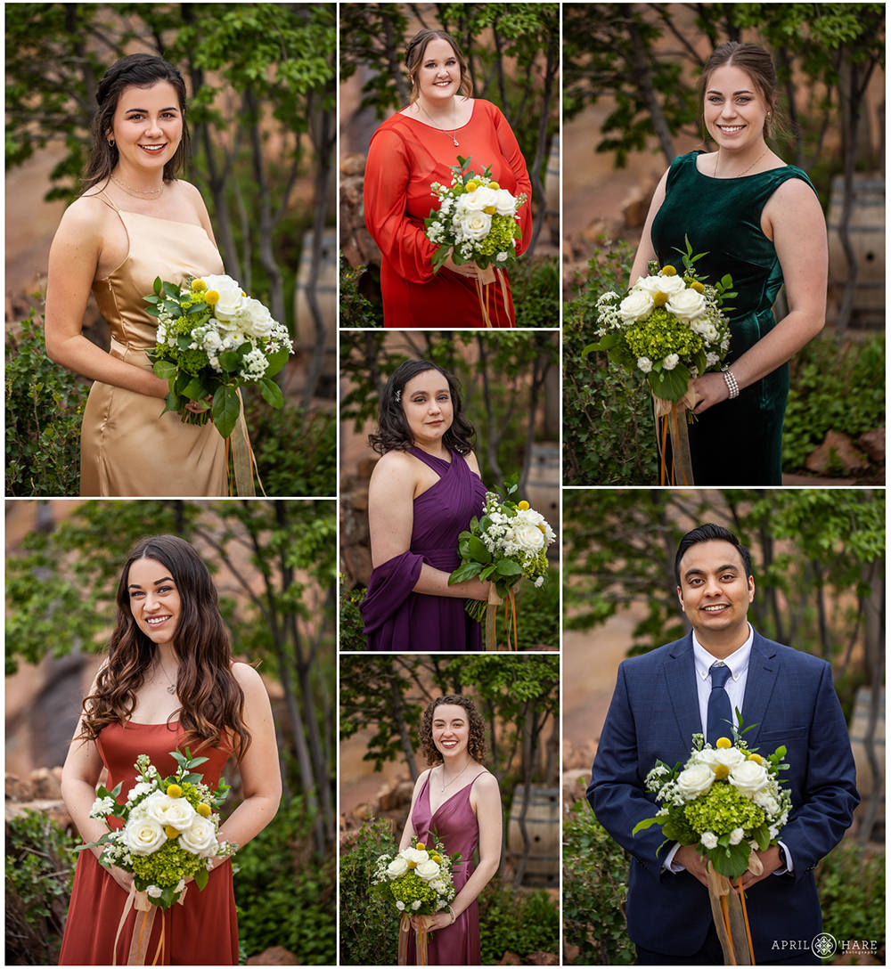 Individual portraits of a bride's friends holding their bridesmaid bouquets at a Red Rocks wedding