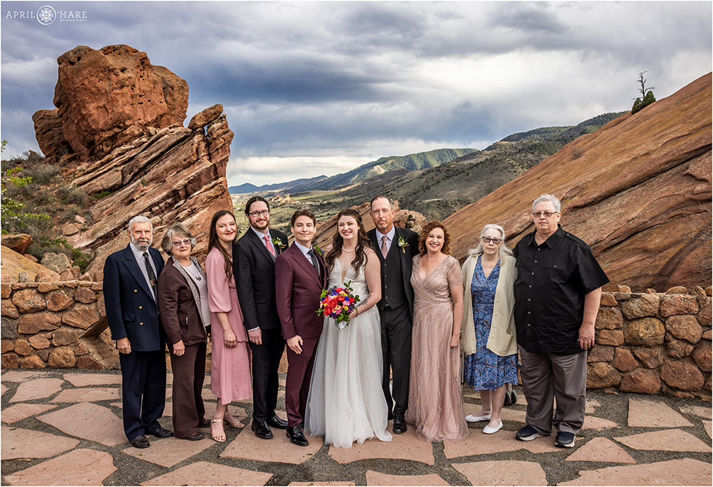 Large family portrait at Red Rocks Trading Post Backyard in Colorado