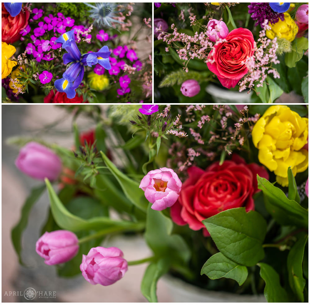 Detail photos of the colorful flower arrangements for a wedding at Red Rocks
