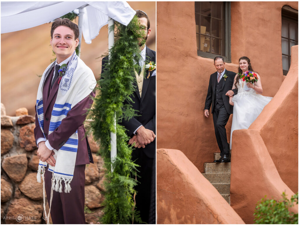 Groom watches as his bride and her dad walk down the stairs toward him at their outdoor wedding ceremony at Red Rocks