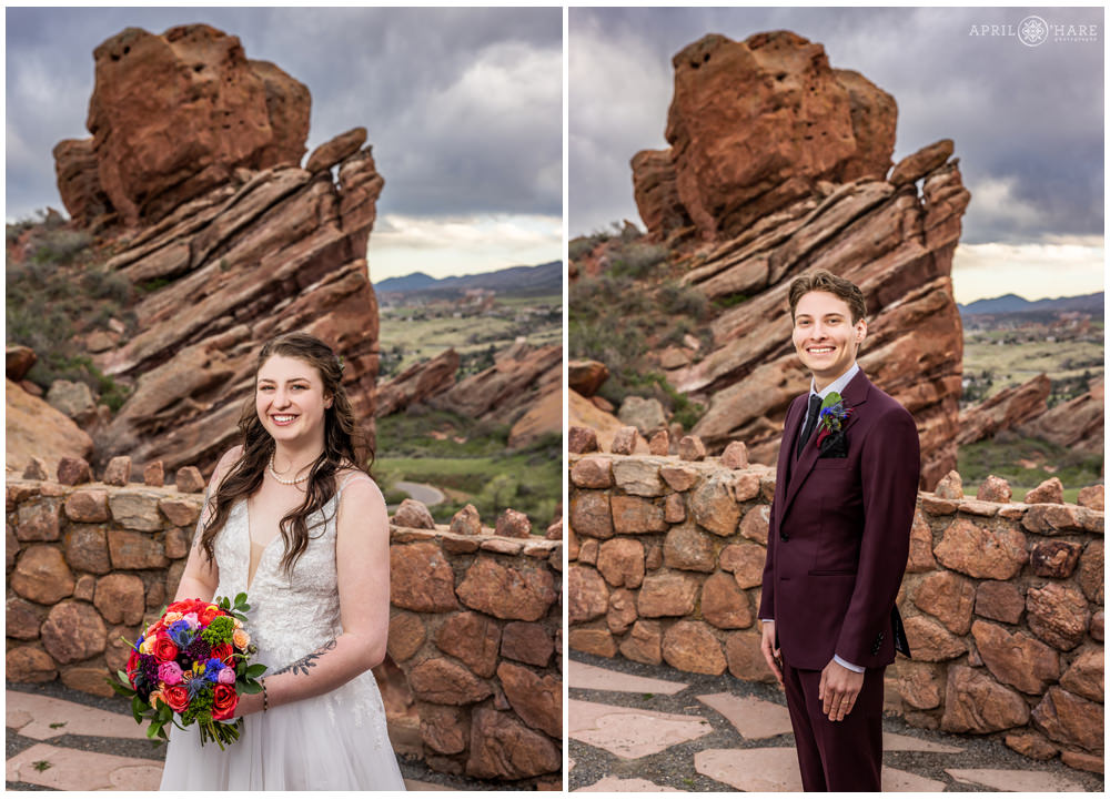 Classic Portrait of a bride and groom individually with the cool Red Rocks Formation in the backdrop at their Trading Post Wedding
