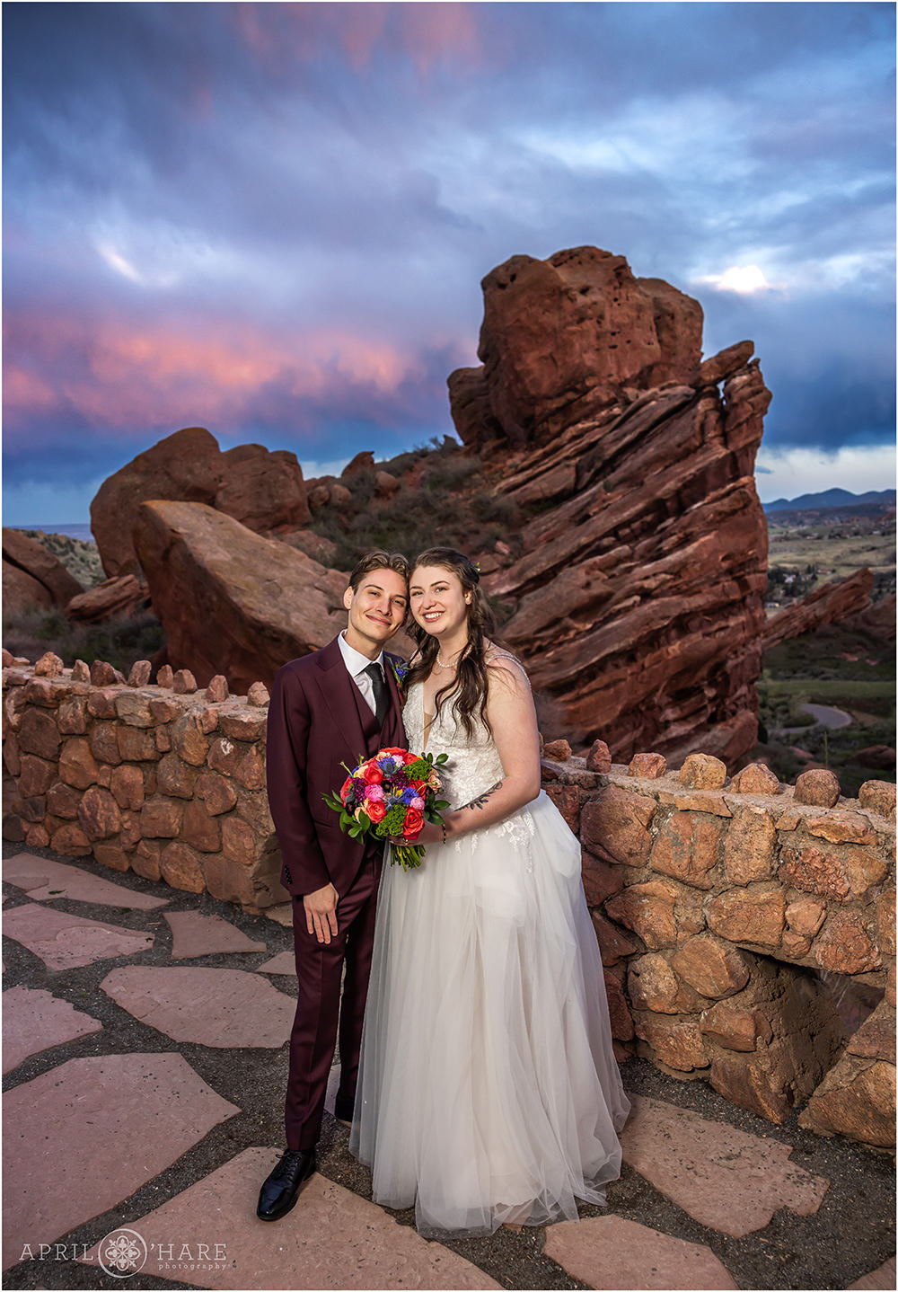 Classic wedding portrait at Sunset at Red Rocks during Spring