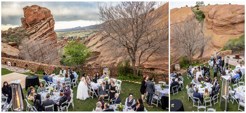 Looking out at a spring time wedding reception at Red Rocks Trading Post Backyard