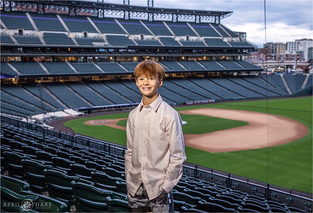 Portrait with the baseball diamond in the backdrop at a Bar Mitzvah Party at Coors Field