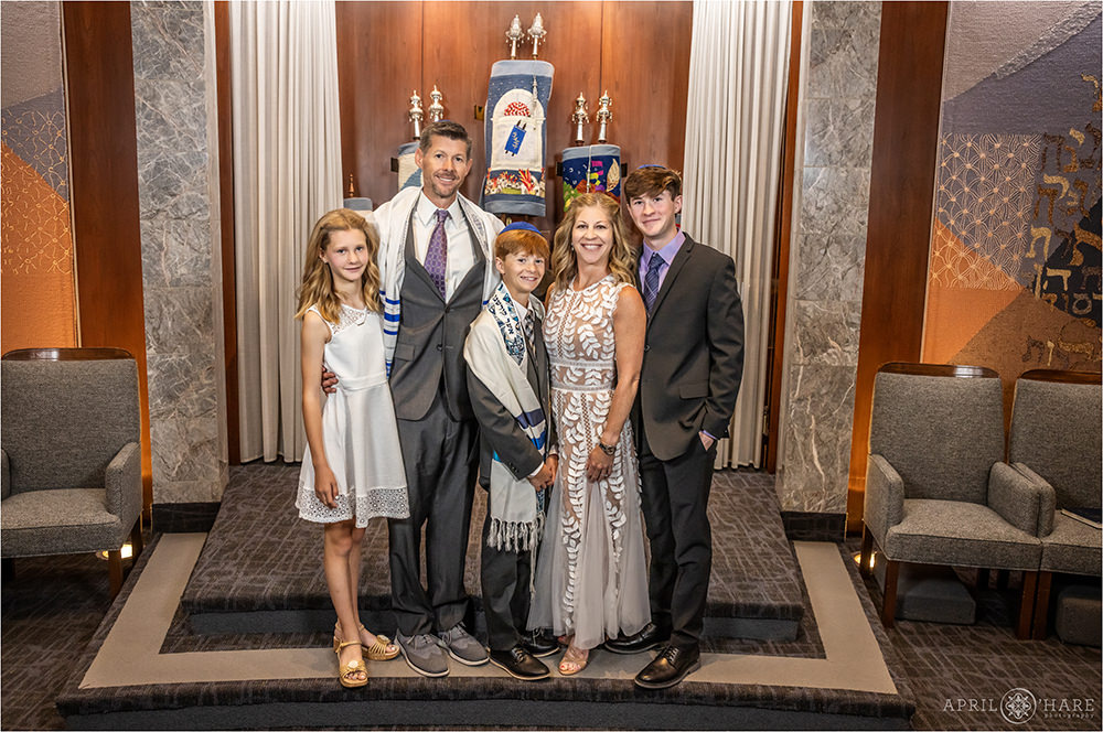 Family portrait at Temple Sinai on the day of their son's bar mitzvah in Denver CO