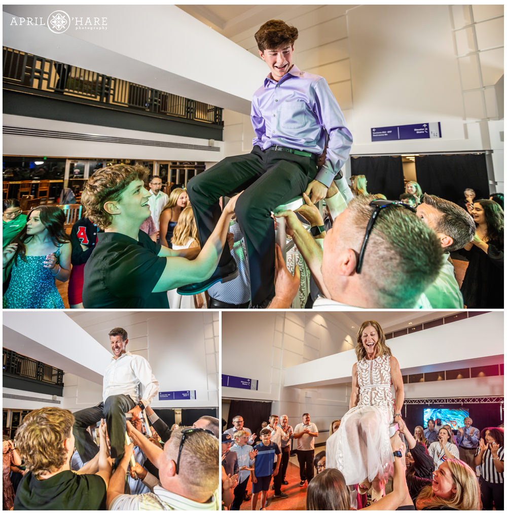 Horah chair dance family lifted into the air at Coors Field bar mitzvah party in Denver