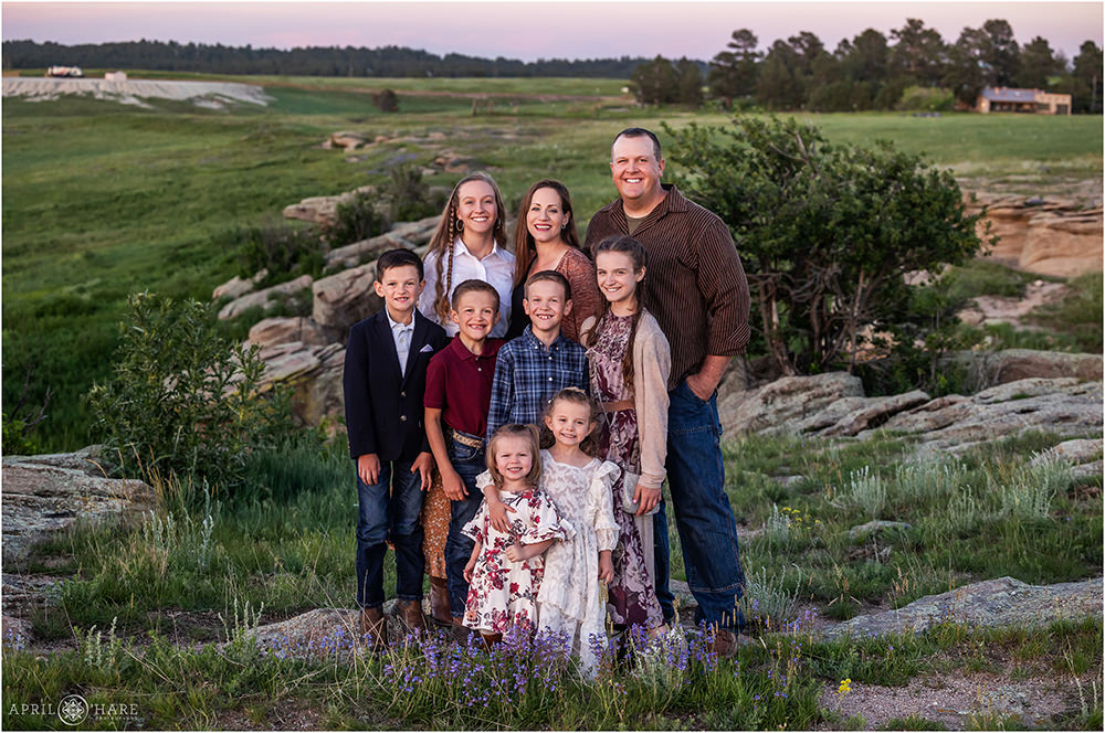 Large family with a lot of kids pose for a cute family picture with the wildflowers on their family farm in Franktown Colorado