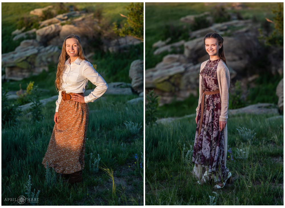 Two older sisters pose for their own individual portraits on the family farm in Franktown CO