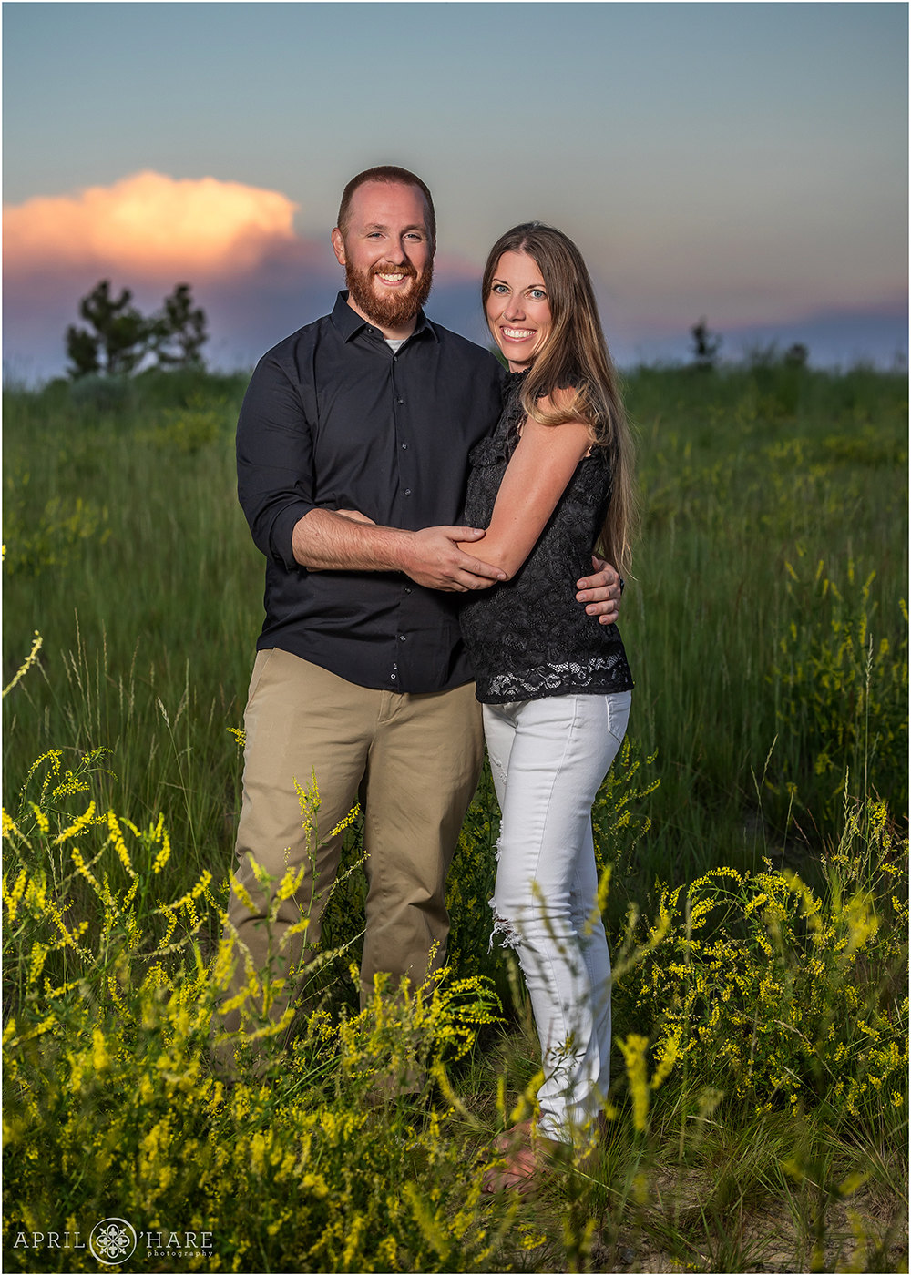 Beautiful couples portrait at sunset in Aurora Colorado