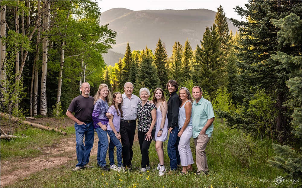 Extended family photo in an Evergreen Mountain Meadow in Colorado