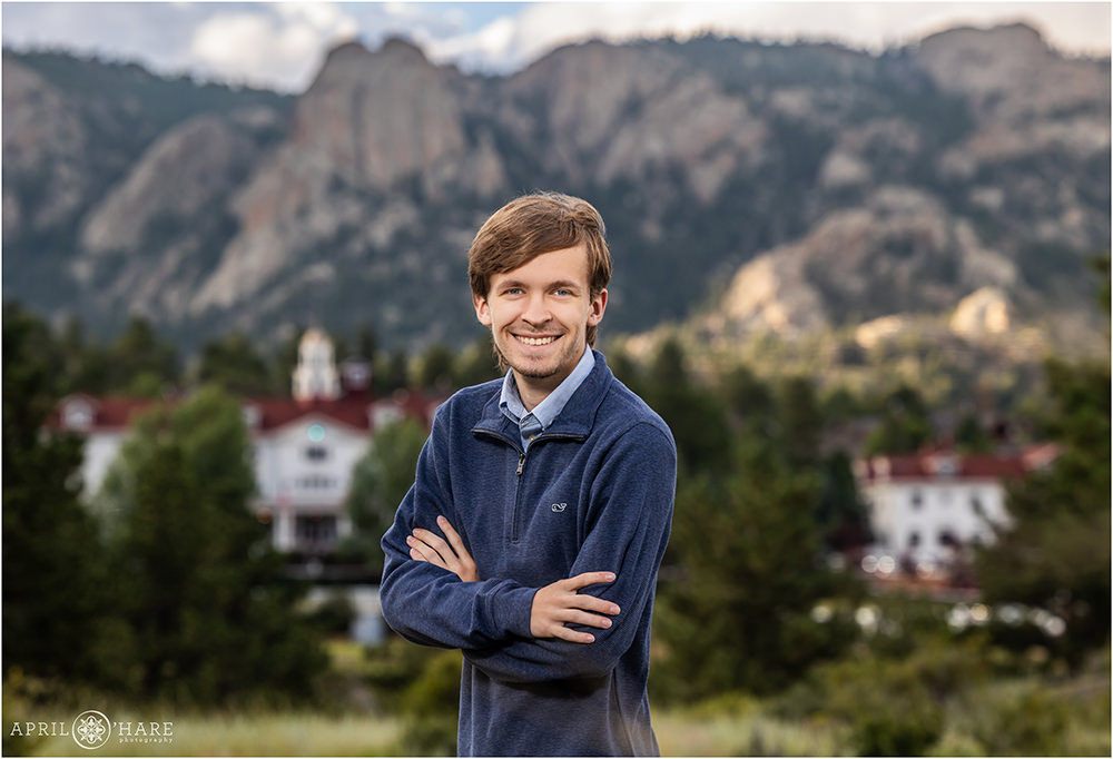 Stanley Hotel Mountain Backdrop for a High School Senior Boy in Estes Park Colorado
