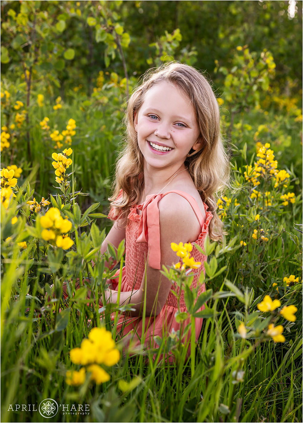 Beautiful portrait of a girl wearing a sundress sitting in a Colorado mountain meadow with yellow wildflowers