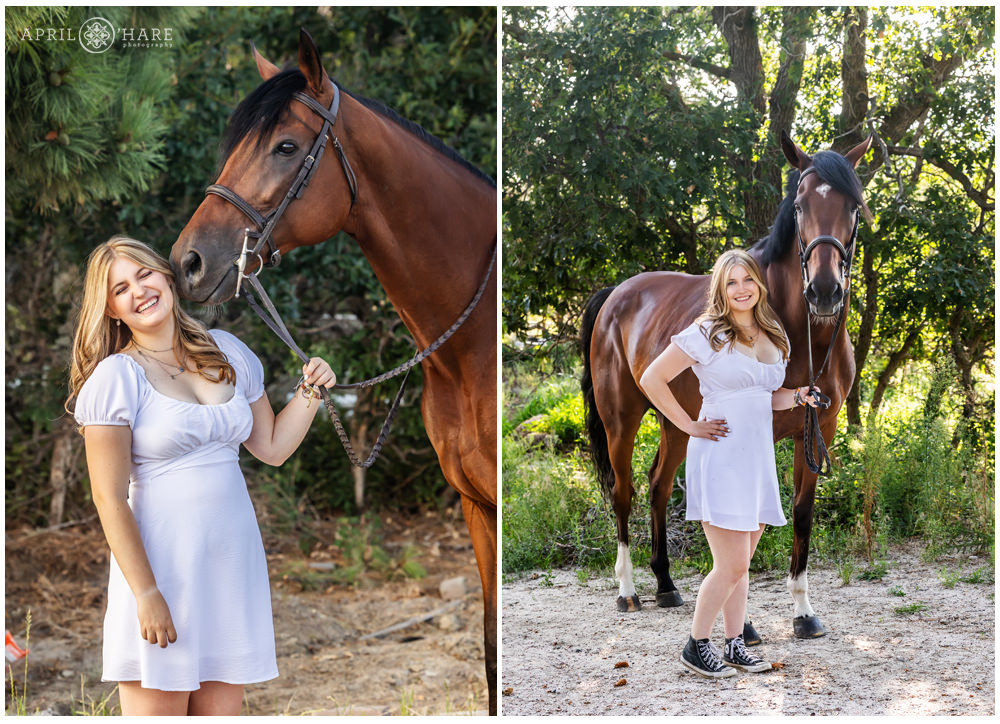 A girl with her horse for senior photos in Parker Colorado