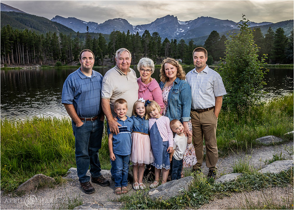 Colorado family photo along the path at Sprague Lake at RMNP