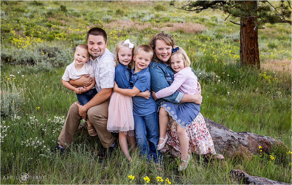 Family with 4 young children pose together at Rocky Mountain National Park in the wildflowers