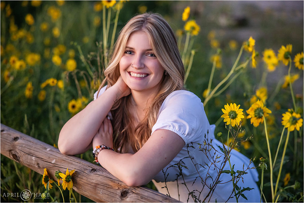 Pretty senior portrait with wild sunflowers in Parker Colorado