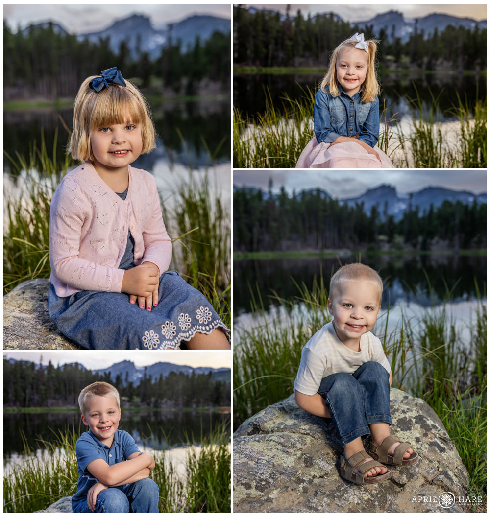 Four young siblings get their own individual photos at Sprague Lake at Rocky Mountain National Park