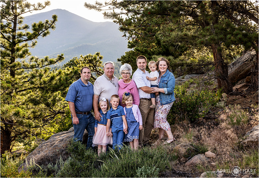 Extended family photo at 3 M Curve at Rocky Mountain National Park in Estes Park