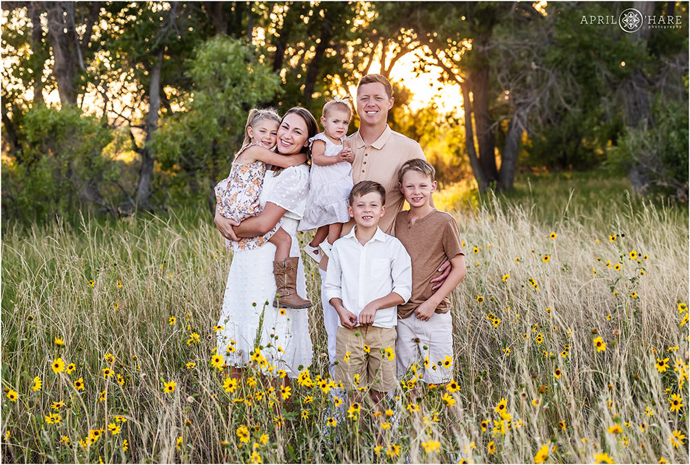 Adorable family with four children with pretty backlit sunshine in a wild sunflower field in Parker Colorado
