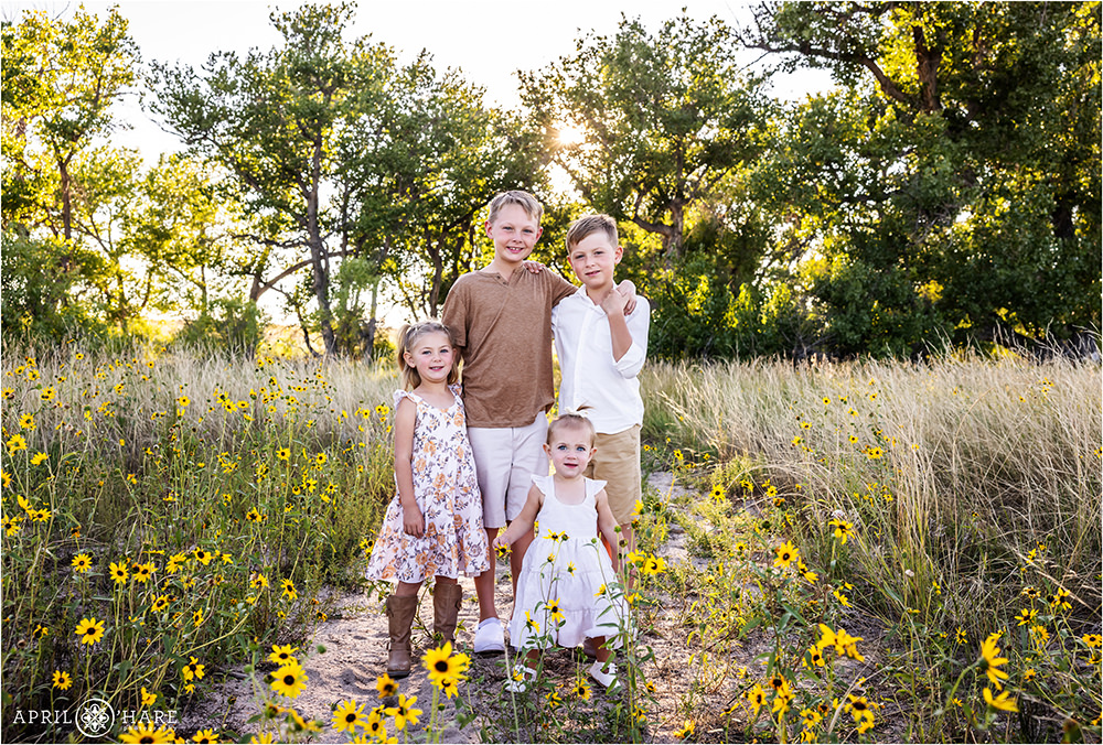 Four young siblings stand in a pretty sunflower field in Parker Colorado