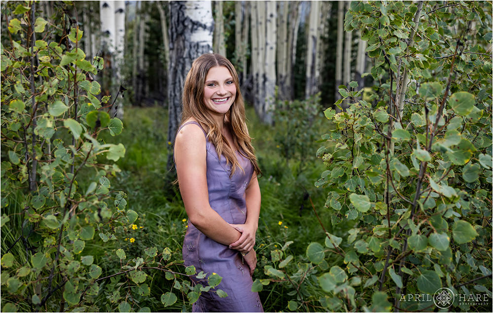 Senior girl wearing a pretty purple dress poses in a mountain meadow full of Aspen trees on Squaw Pass Road in Colorado
