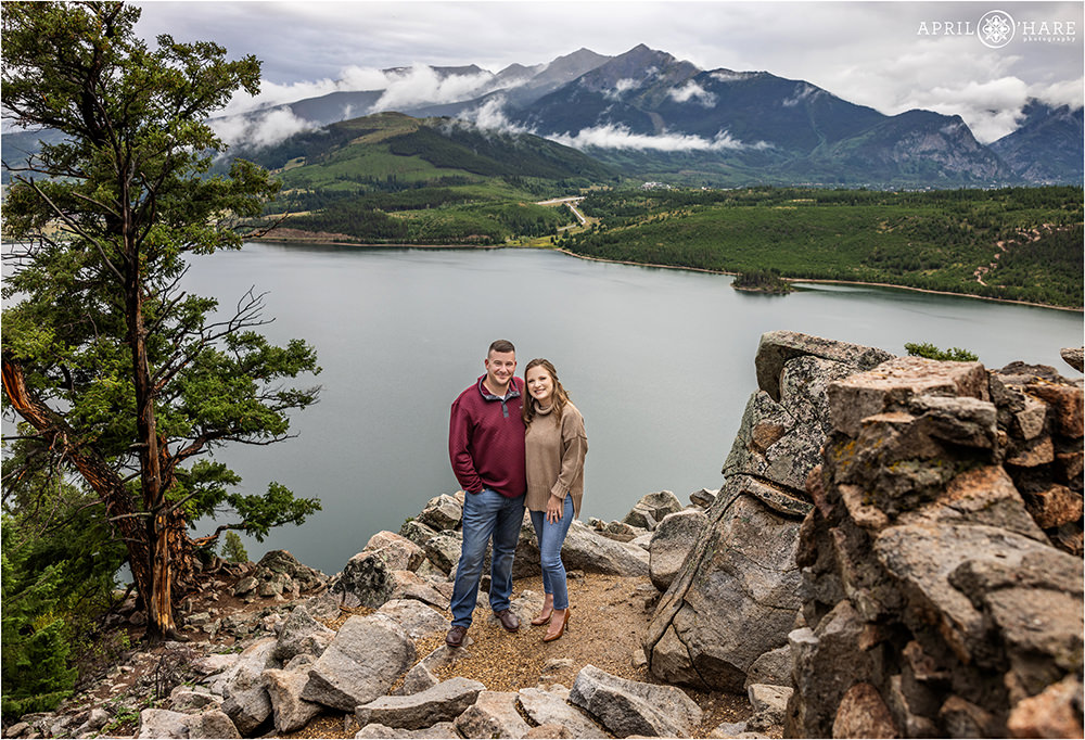 Engagement portrait at Sapphire Point with Lake Dillon Backdrop in Summit County Colorado