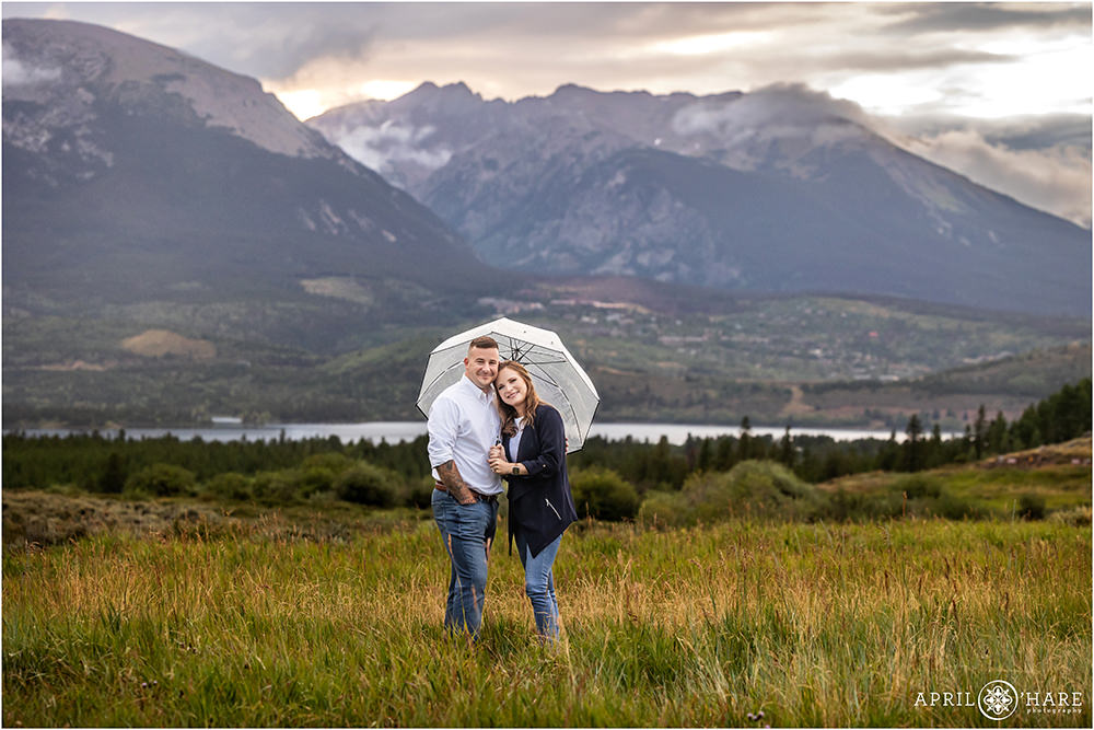 Beautiful summer engagement photo on a rainy evening in Summit County Colorado