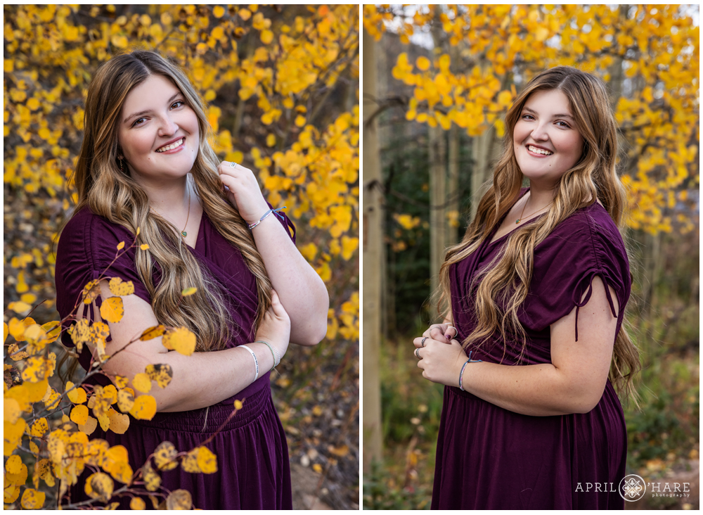 Pretty senior girl in a plum purple dress poses with the beautiful golden aspen leaves on Guanella Pass in Colorado