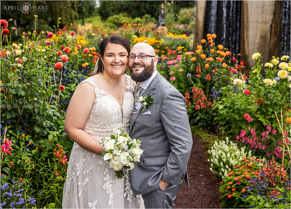 Gorgeous colorful garden wedding portrait at Denver Botanic Gardens