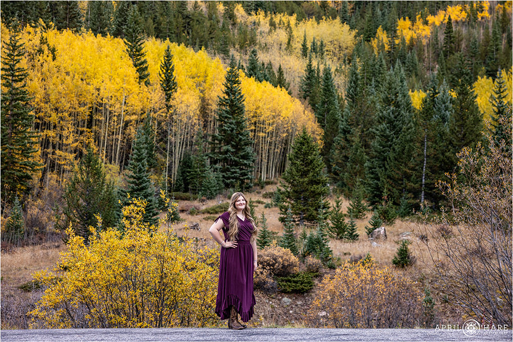 Pretty green and yellow fall color backdrop for a senior photo on Guanella Pass in Colorado