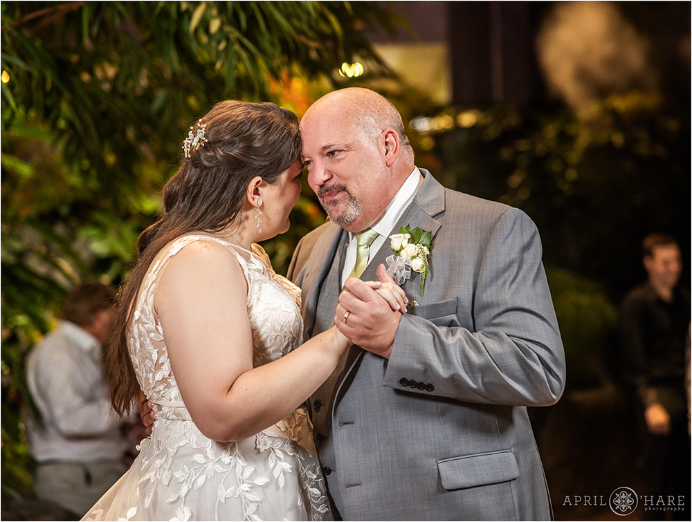 Sweet photo of bride dancing with her dad at Marnie's Pavilion at Denver Botanic Gardens