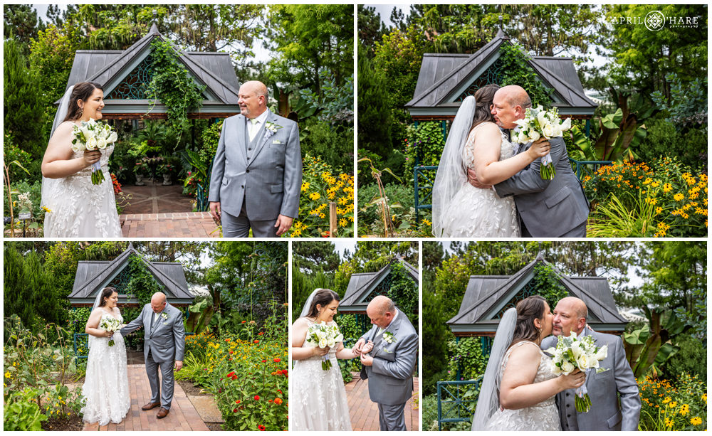 Father and his daughter have a first look on her wedding day at Denver Botanic Gardens