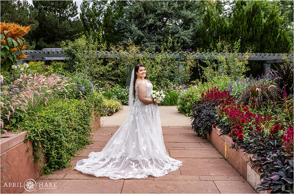 Beautiful bride in the annuals garden at Denver Botanic Gardens