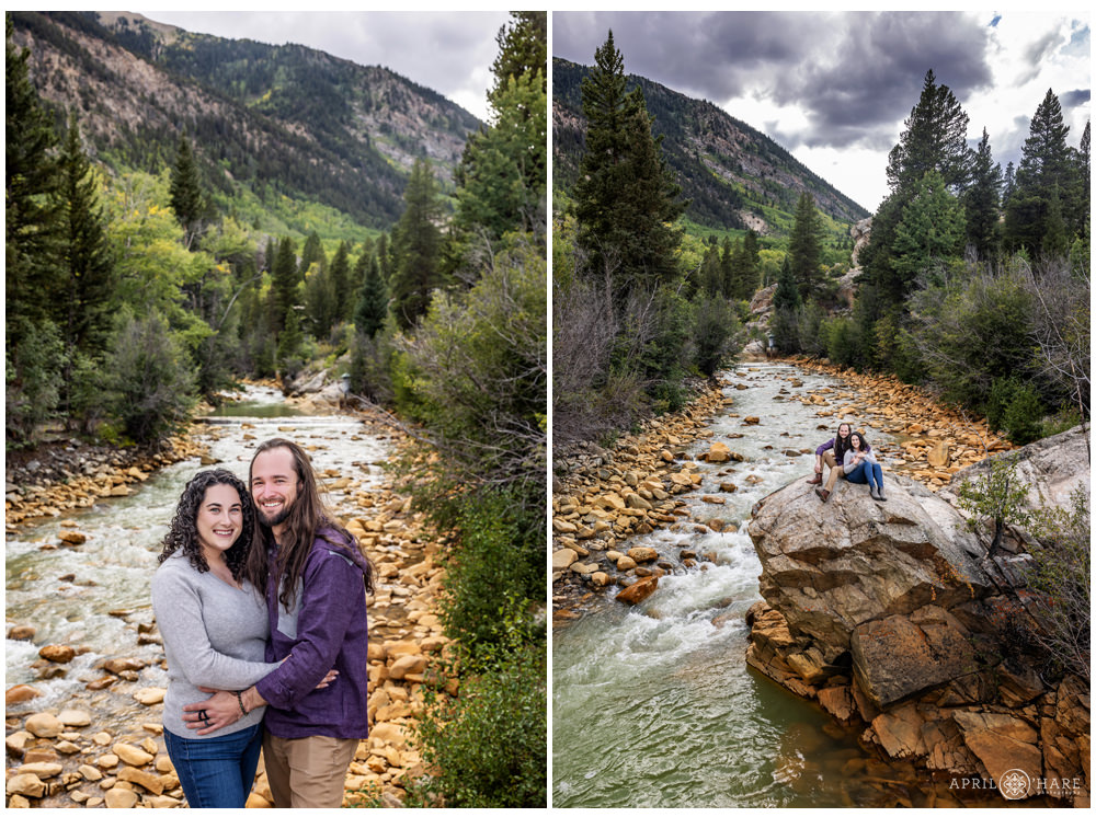 Engagement photos at Lake Creek at the Willis Gulch trailhead near Twin Lakes, Colorado at the start of fall color season