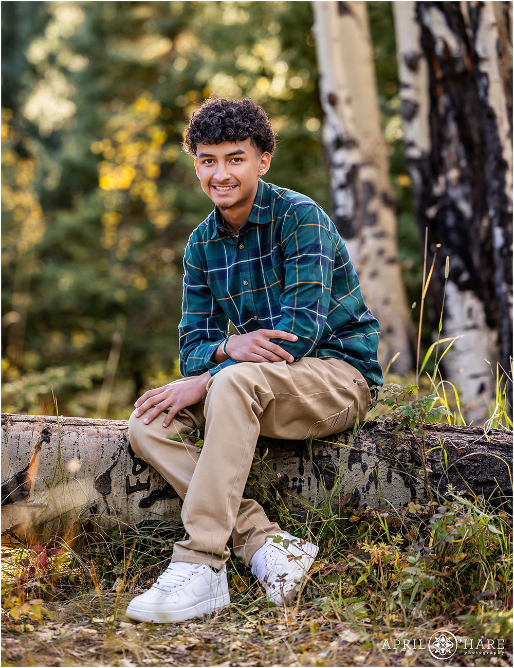 Young man wearing a green plaid button down top sits on a fallen log in the woods of Evergreen Colorado during fall