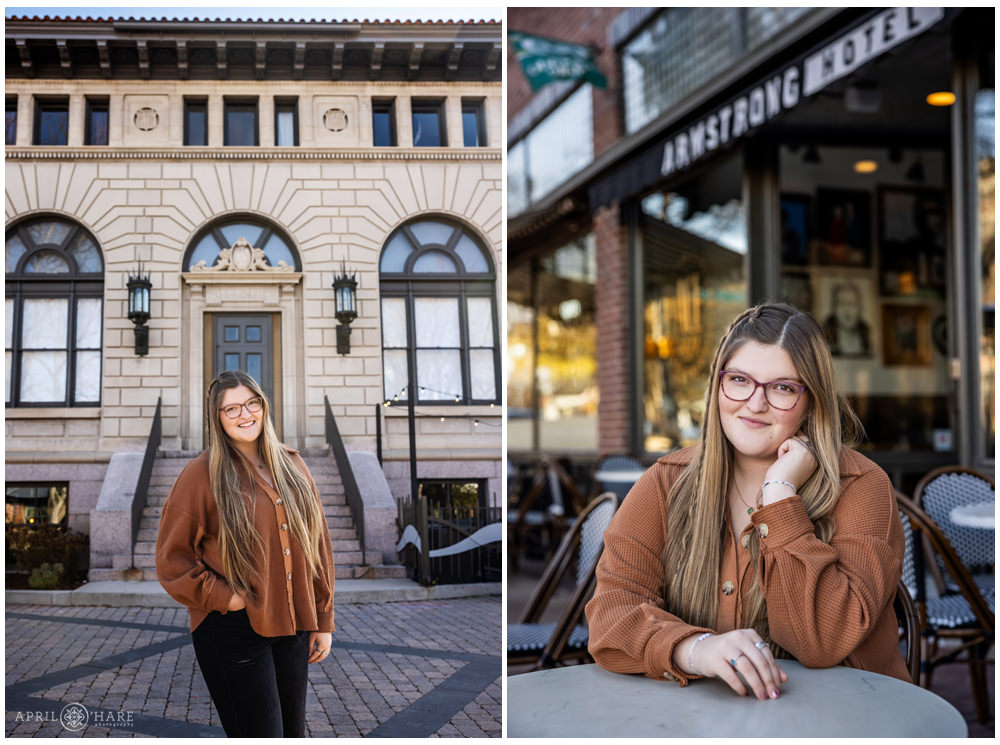 The historic Post Office building and the Armstrong Hotel provide a beautiful backdrop for this high school senior girl at her Fort Collins Senior Photography session in Colorado