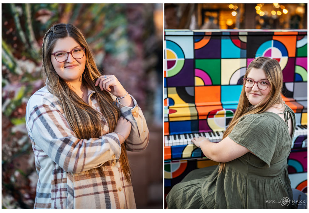Senior Photos in Old Town Fort Collins with the various public art pieces as the backdrop including a painting and a painted piano in the town square.