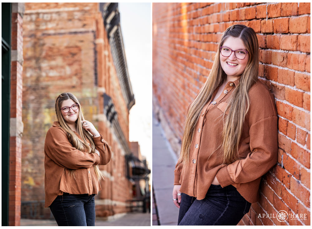 Old historic brick buildings are the backdrop for these high school senior girl photos in Old Town Fort Collins, Colorado