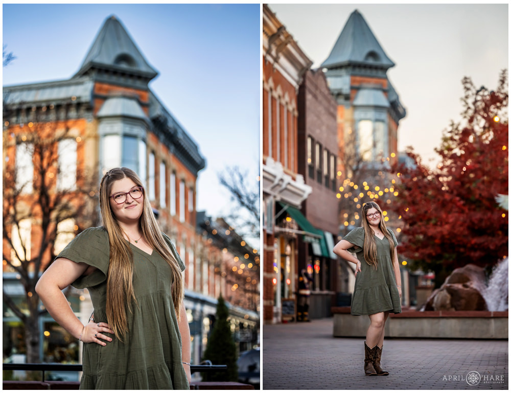 Historic old buildings in Old Town Fort Collins provide a gorgeous backdrop for a high school senior yearbook photography session in Colorado