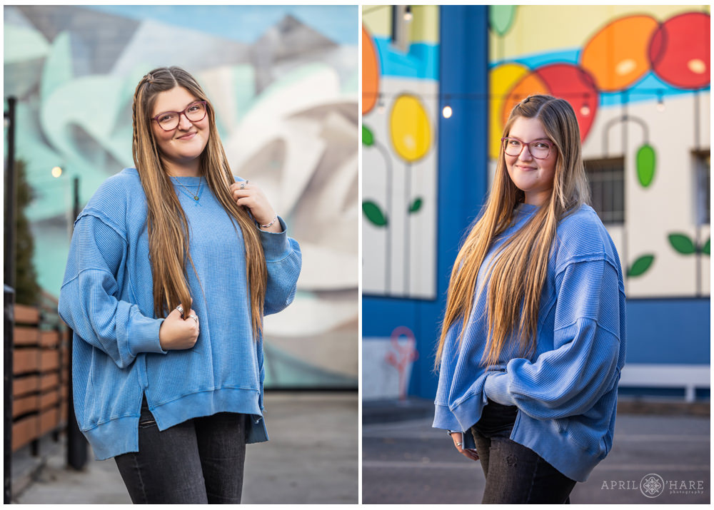 High School senior photos for a girl wearing a pretty blue sweater top in Old Town Fort Collins Colorado during her November senior photography session.