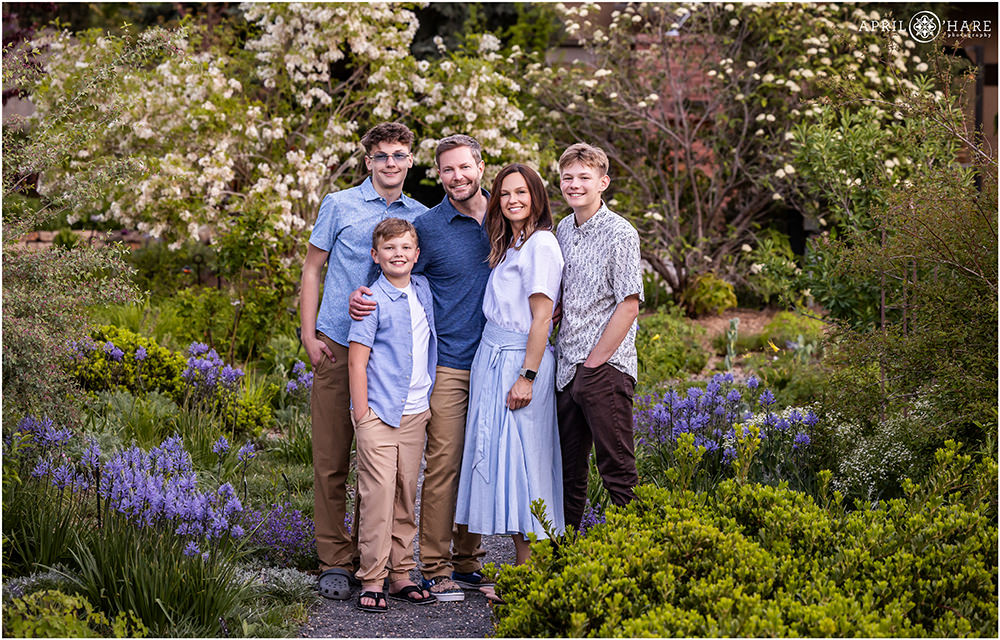 Pretty spring floral family photo with spring blossoms at Denver Botanic Gardens in Colorado