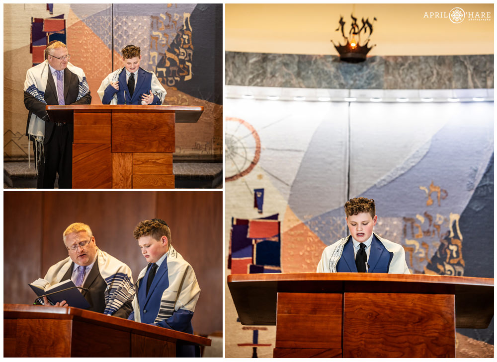 Boy practices for his bar mitzvah service with his rabbi at Temple Sinai in Denver CO