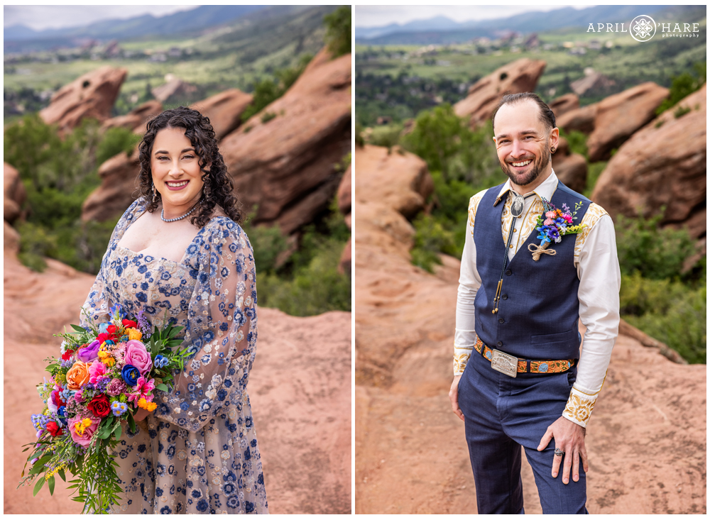 Individual bride and groom portraits on their wedding day with the red rock formations in the backdrop