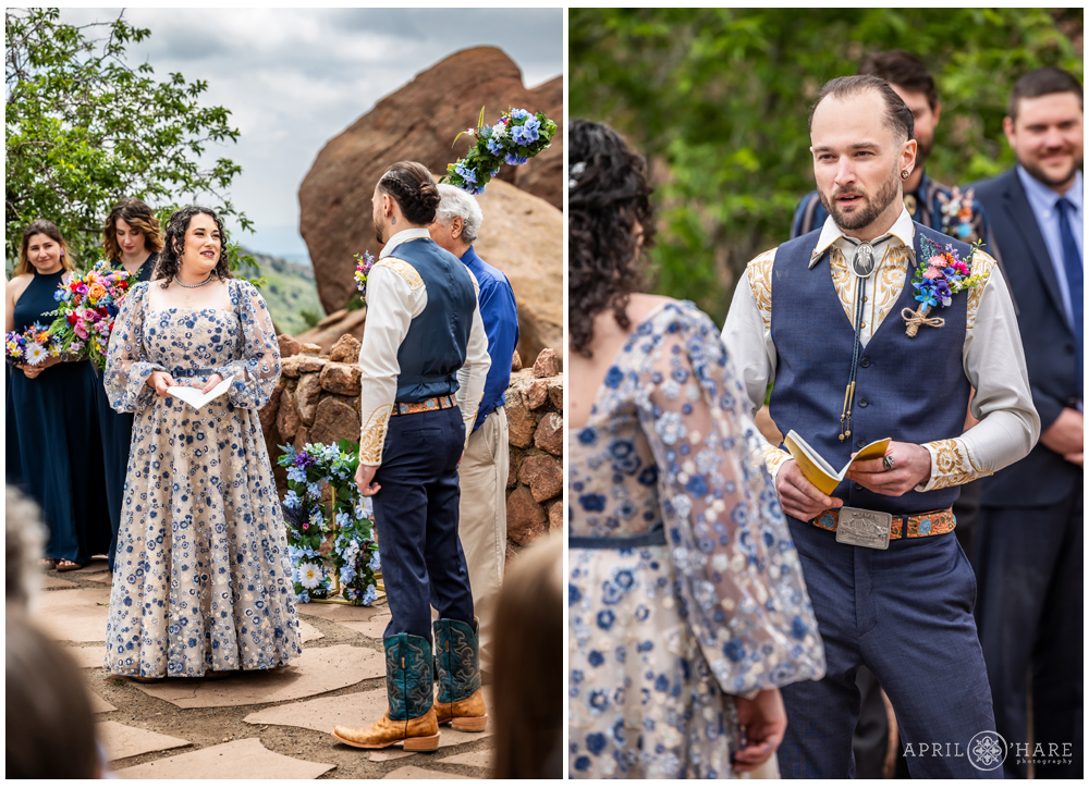 Bride and groom read their vows to each other on their wedding day at Red Rocks