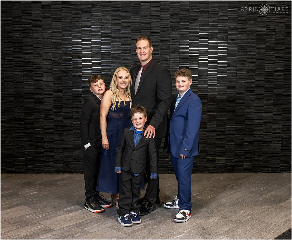 Family of 5 portrait at their oldest son's bar mitzvah party at Marriott Denver Tech Center Hotel in Colorado