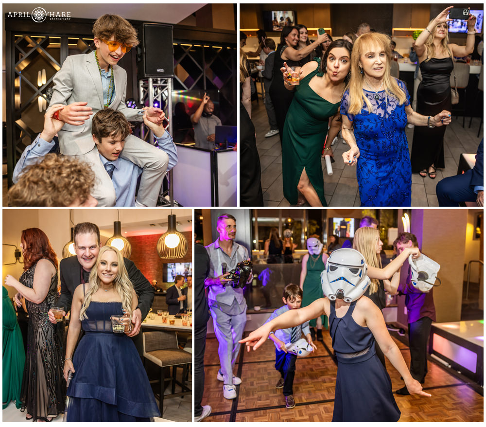 Photo collage of bar mitzvah guests having fun on the dance floor at a party in Denver