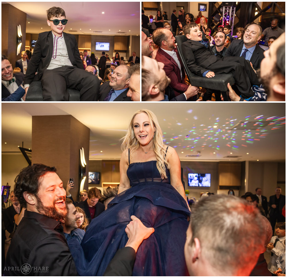 Horah chair dance for a Jewish family in Denver CO at their son's bar mitzvah party
